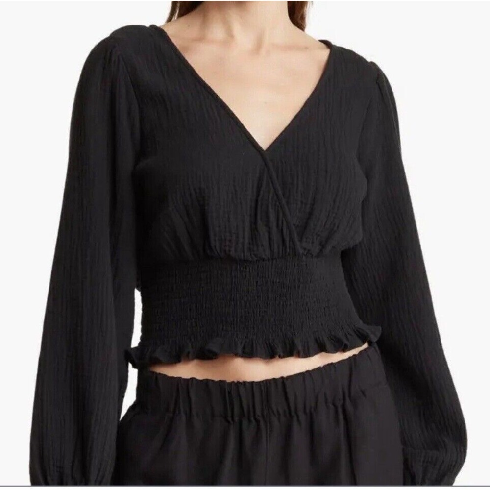 NEW MADEWELL Womens Black Lightspun Julianne Smocked-Waist Top NWT XS X Small